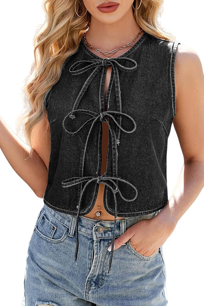 Denim Jean Vest Top for Women Summer Lightweight Sleeveless Tie Up Front Crop Jean Tank Tops Wais... | Amazon (US)