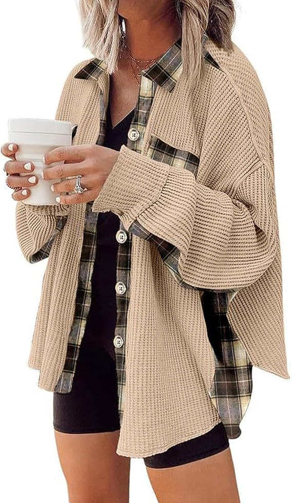 Oulivey Womens Waffle Knit Plaid Long Sleeve Shirt Boyfriend Button Down Shacket Jacket Top | Amazon (US)
