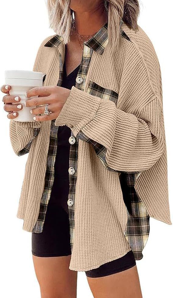 Oulivey Womens Waffle Knit Plaid Long Sleeve Shirt Boyfriend Button Down Shacket Jacket Top | Amazon (US)