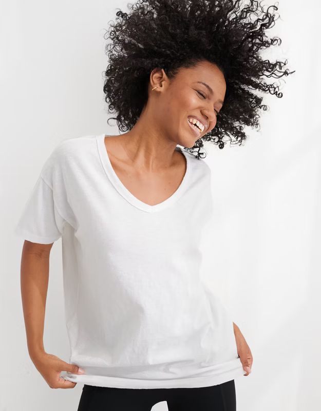 Aerie Distressed V Neck Oversized Boyfriend T-Shirt | American Eagle Outfitters (US & CA)