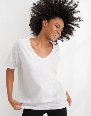 Aerie Distressed V-Neck Oversized Boyfriend T-Shirt | American Eagle Outfitters (US & CA)