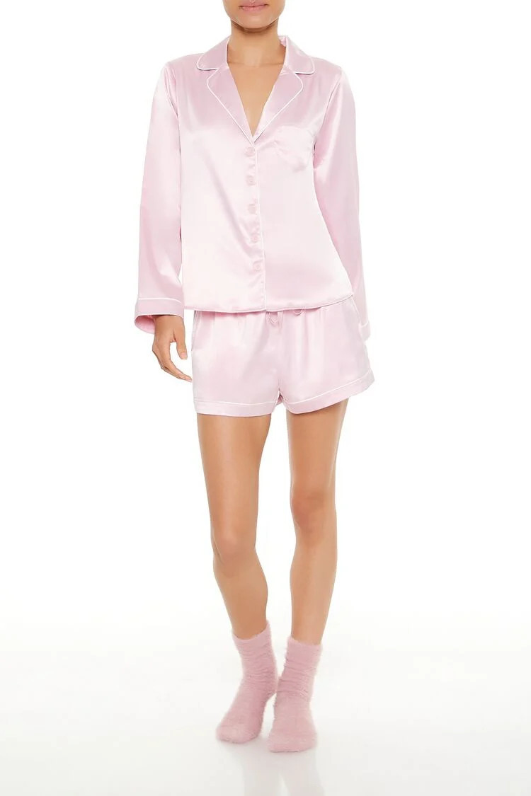 Women's Heart Pocket Pajama Shirt & Shorts Set in Pink/White, XS | Forever 21