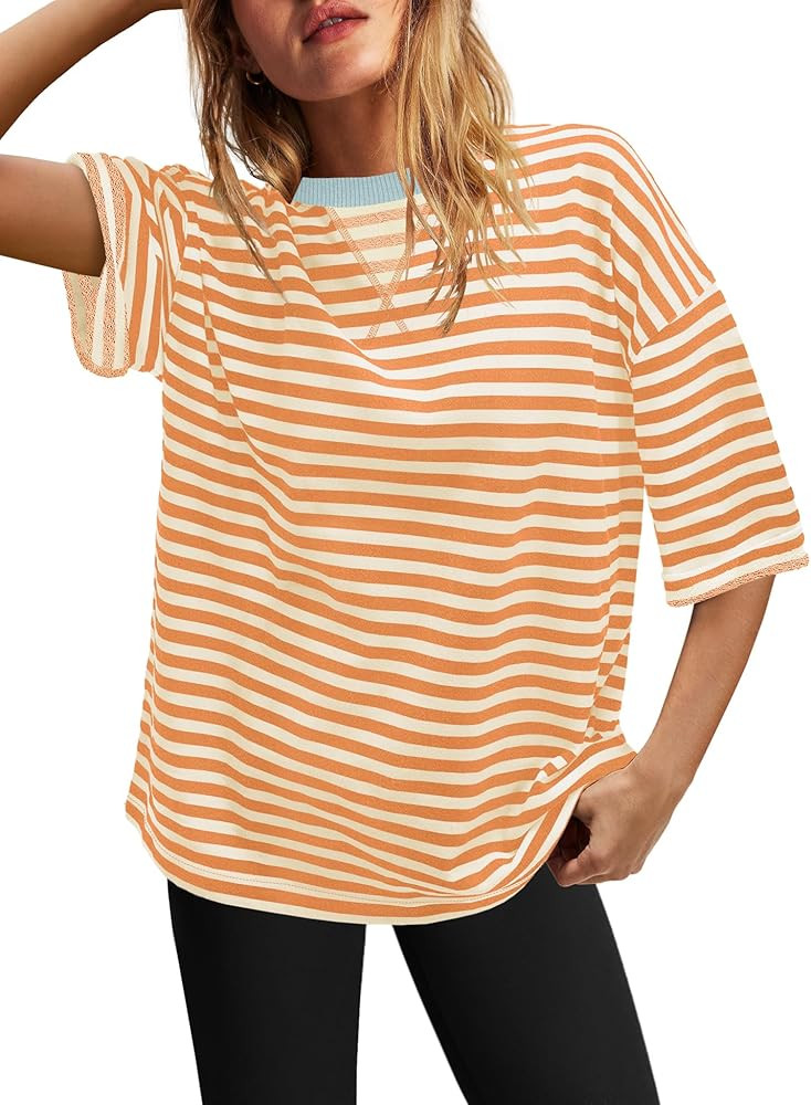 SENSERISE Womens Summer Tops Short Sleeve Sweatshirt Crewneck Striped T Shirt Oversized Basic Tee... | Amazon (US)