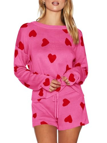 Saodimallsu Womens Valentine's Day Pajama Set Hearts Print Lounge Sets Long Sleeve Sweater and Shorts 2 Piece Outfits Rose Red | Amazon (US)
