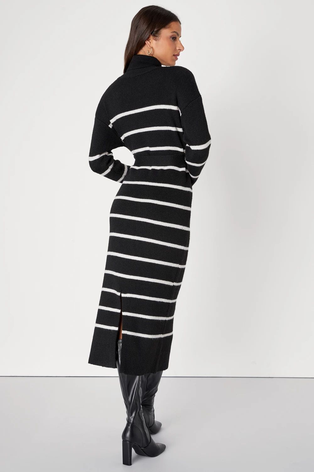 Confident Success Black Striped Mock Neck Midi Sweater Dress | Lulus (US)