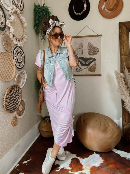 Casual maxi dress outfit inspo! Wearing medium in lilac purple lavender maxi dress tied up. Denim vest wearinng medium. Platform checkered turtle dove vans run TTS. Hair scarf with gold accessories and fringe purse. 

#LTKU
