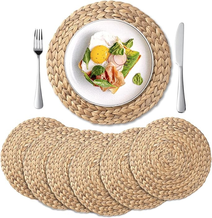 6 Pack, Round Woven Placemats, Natural Water Hyacinth Wicker Place mats, Braided Straw Table Mats... | Amazon (US)