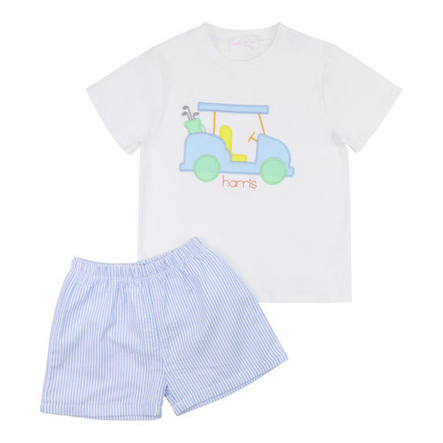 Blue Seersucker Applique Golf Cart Short Set | Cecil and Lou