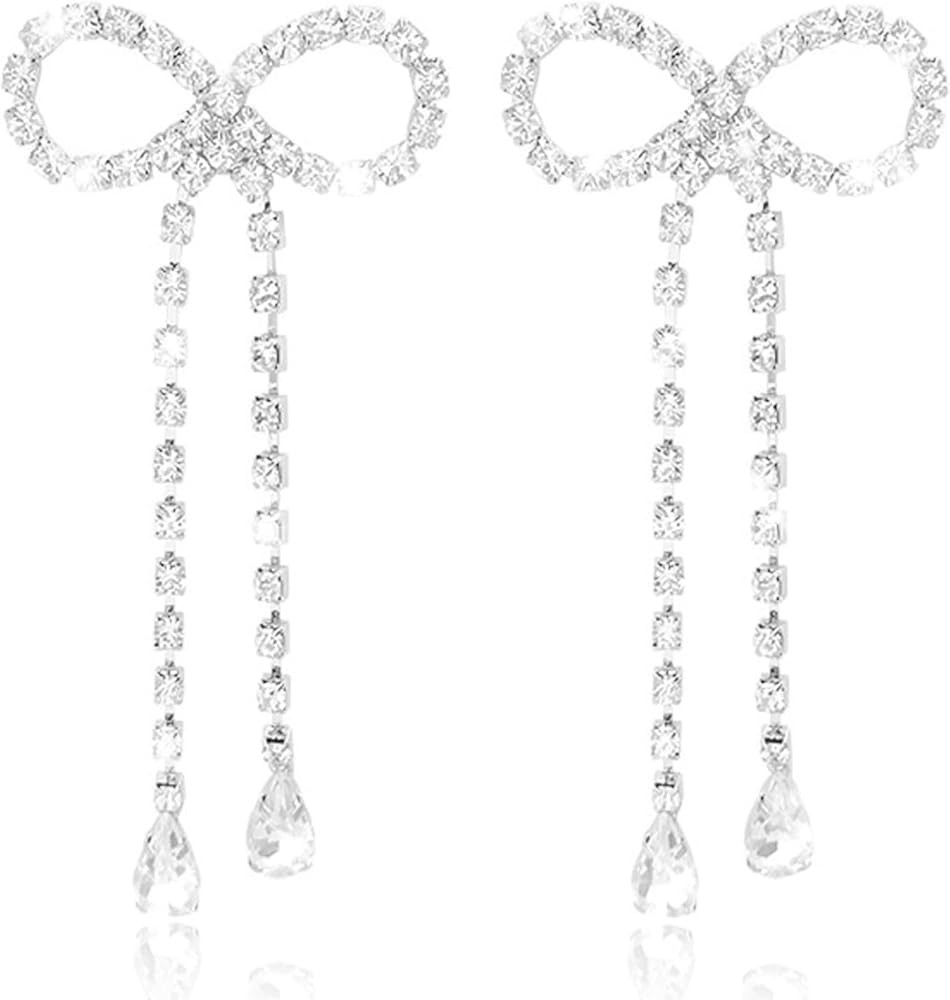 Rhinestone Tassel Earrings for Women Dress Silver Fringe Prom Earrings Long Tassel Bling Crystal ... | Amazon (US)