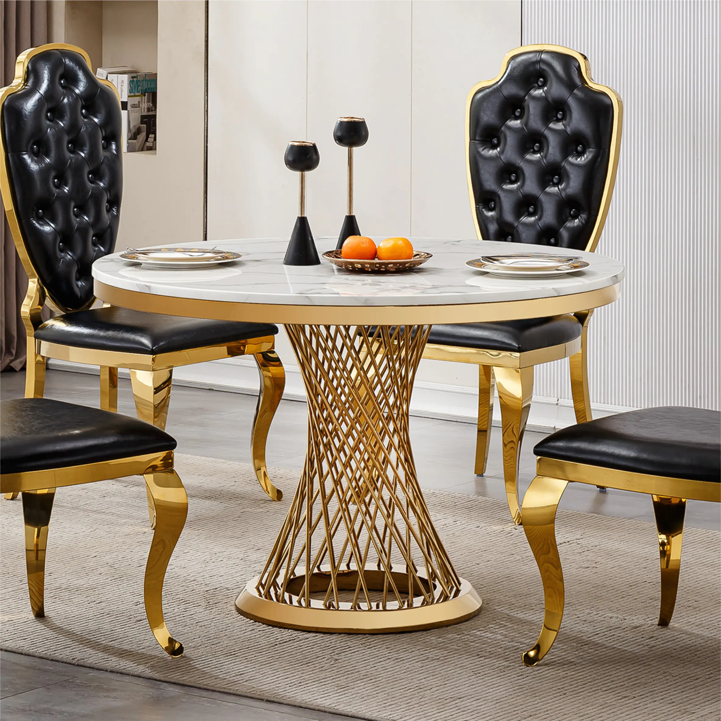 GDFStudio Modern 46.85-inch Round Dining Table with High Gloss Faux Marble Tabletop and Stainless Steel Base For Dining Room Kitchen - Gold and White | Lowe's