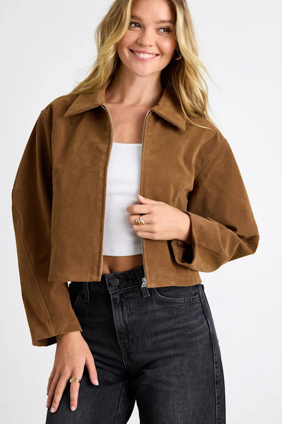 Leoline Light Brown Suede Collared Cropped Jacket | Lulus