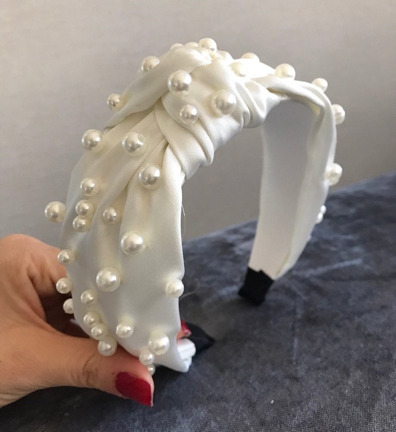 White ivory Pearl knot headband/ white knotted headband crown/ pearl head tie turbans headbans/ w... | Etsy (US)