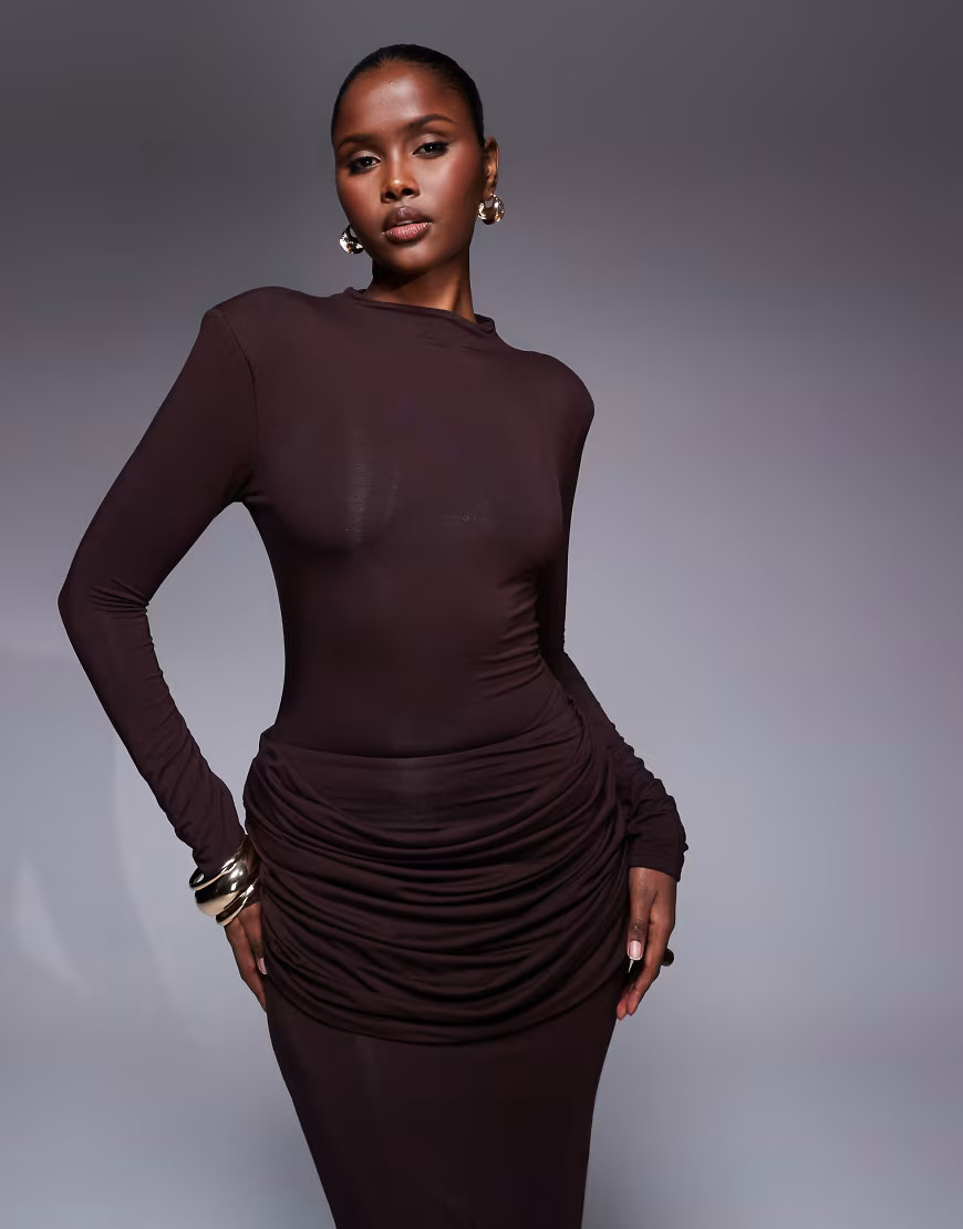Wanderdoll Ashtin second skin shoulder pad high neck long sleeve bodysuit co-ord in espresso-Brown | ASOS (Global)