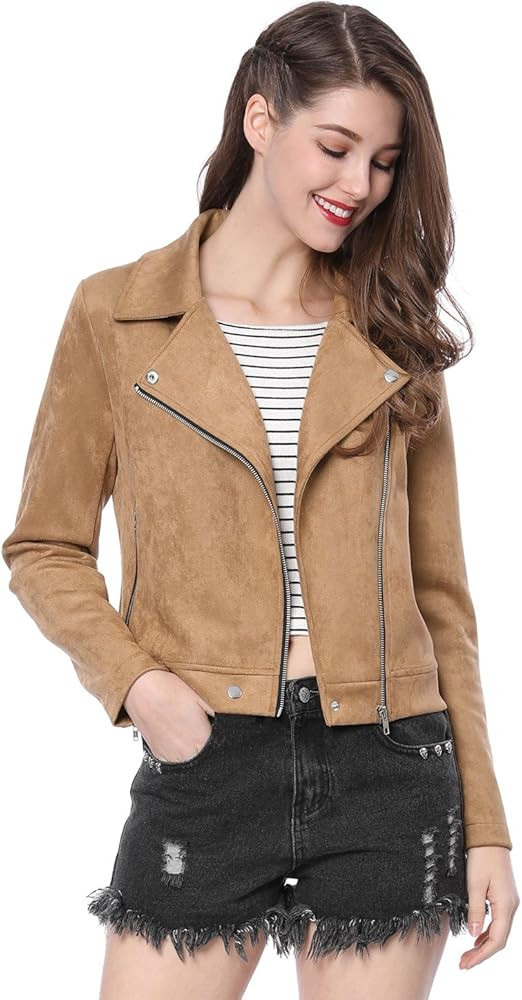 Allegra K Women's Short Soft Zip Up Faux Suede Biker Moto Jacket | Amazon (US)