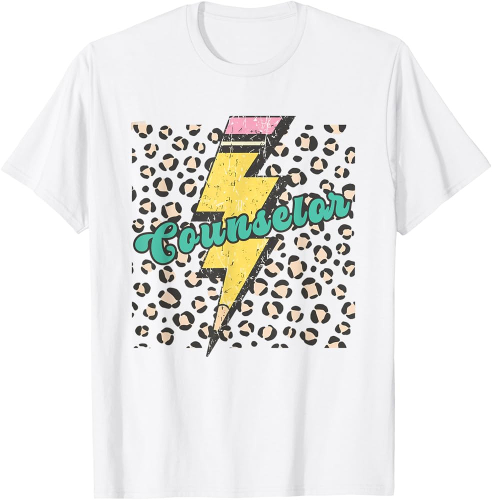 Retro Counselor Leopard Lightning Bolt Pencil Back To School T-Shirt | Amazon (US)