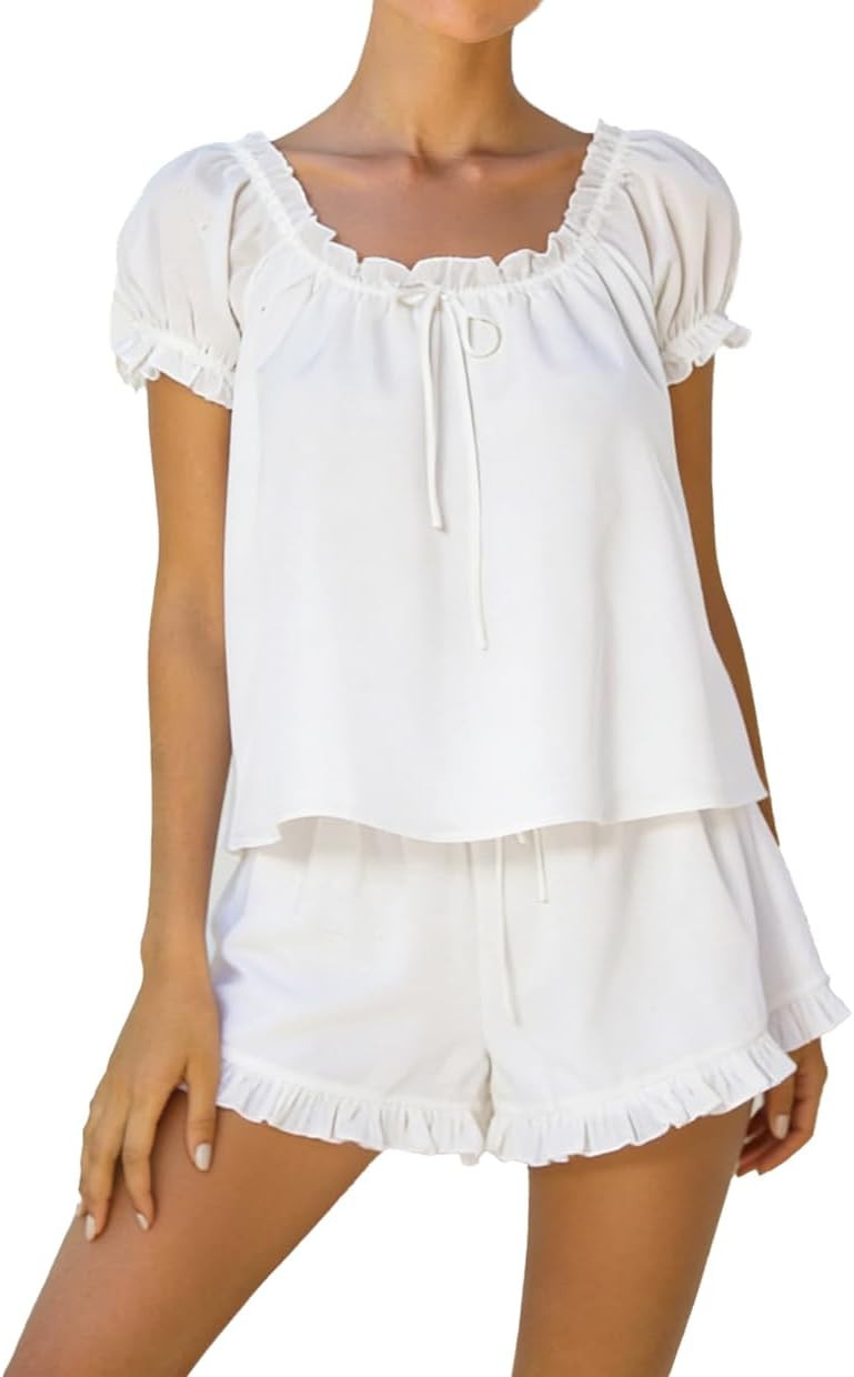 Womens Ruffle 2 Piece Shorts Set Puff sleeves Cotton Pajama Sets | Amazon (US)