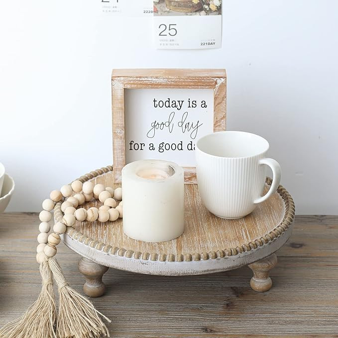 Rustic Round Wood Tray Riser Farmhouse Pedestal Stand with Beaded Edge for Decor Wooden Finish Cu... | Amazon (US)