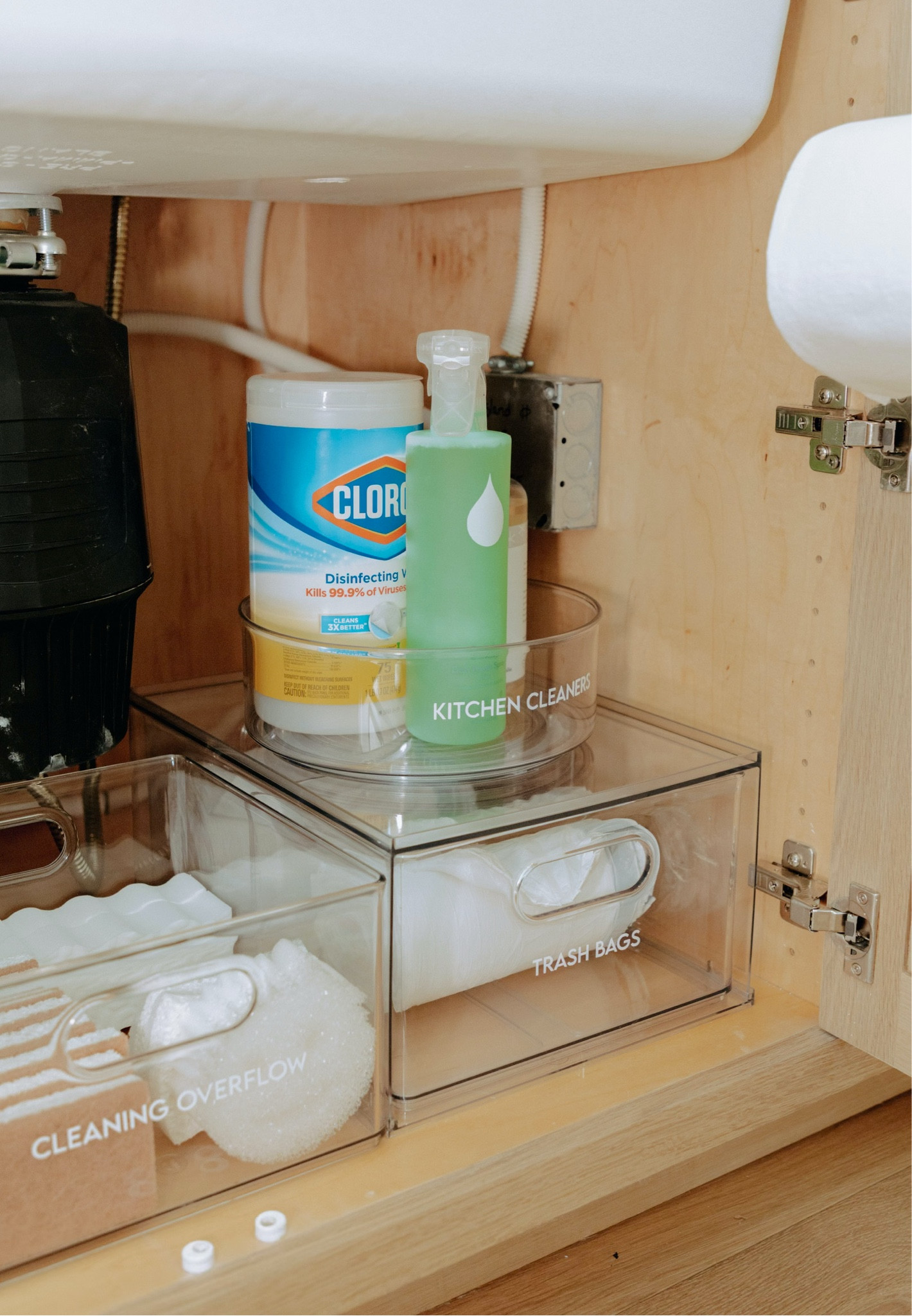 Under the sink is an easy win! Deep bins and turntables are great for grouping similar cleaning supplies.

#LTKHome