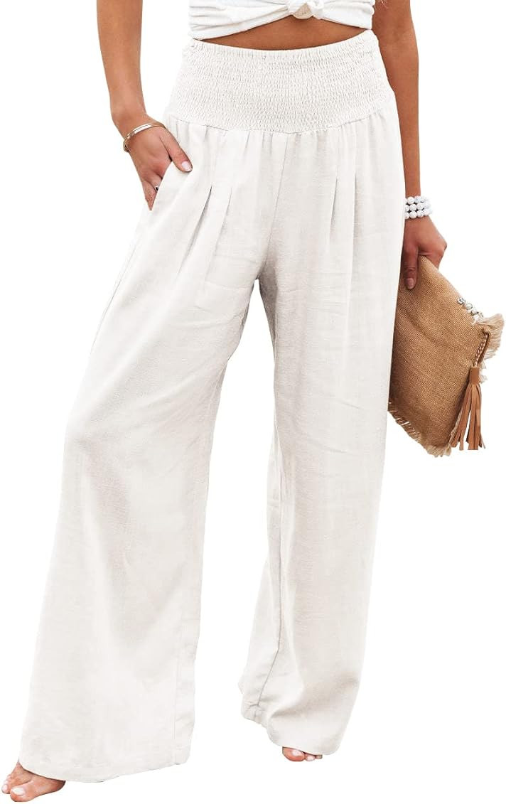 chouyatou Women's Smocked High Waisted Cotton Linen Wide Leg Pants Palazzo with Pockets | Amazon (US)