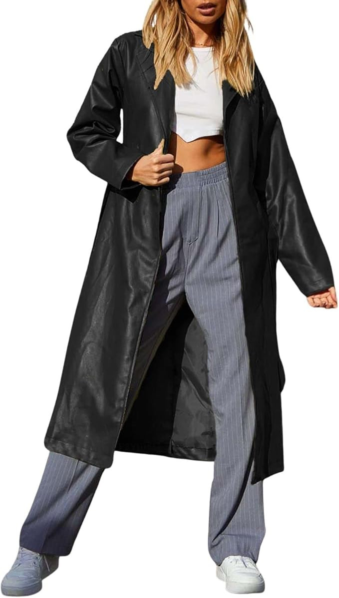 chouyatou Women's Casual Lapel Open Front Pu Faux Leather Long Trench Coat with Belt | Amazon (US)