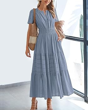 BTFBM Womens Summer 2026 Casual Midi Maxi Dresses Lightweight Short Sleeve V Neck Elastic Waist B... | Amazon (US)