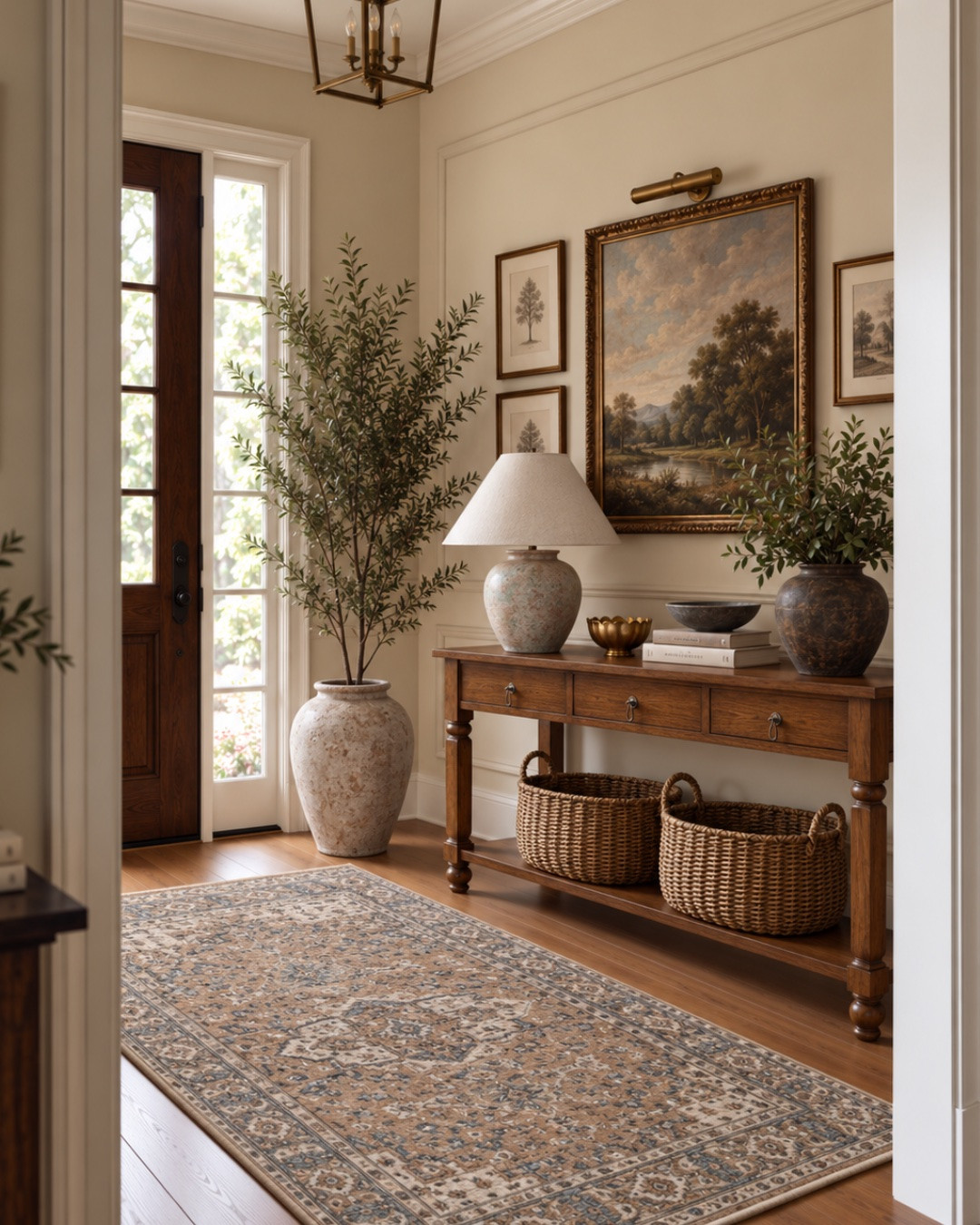 An entryway doesn’t need a lot of furniture or decor to make a good first impression—it just needs the right mix of pieces.

For this one, I started with a warm wood console and layered in pieces that bring in different tones, textures and ages. The faded rug adds some soft pattern and color, the woven baskets make the open shelf feel useful, and the lighter ceramic lamp keeps all of that warm wood and aged pottery from becoming too heavy. I also love the mix of the larger landscape with the smaller framed prints because it gives the wall that collected-over-time feeling without filling every inch of it.

This is also a good example of why I like mixing light and dark, polished and weathered, and old with new. You can stay within a warm, fairly neutral palette and still have plenty of contrast and personality.

Swipe to see the curated shopping guide with the pieces I used to create the look. I’ve linked the exact finds where available, along with similar options for anything that may sell out.

#LTKHome