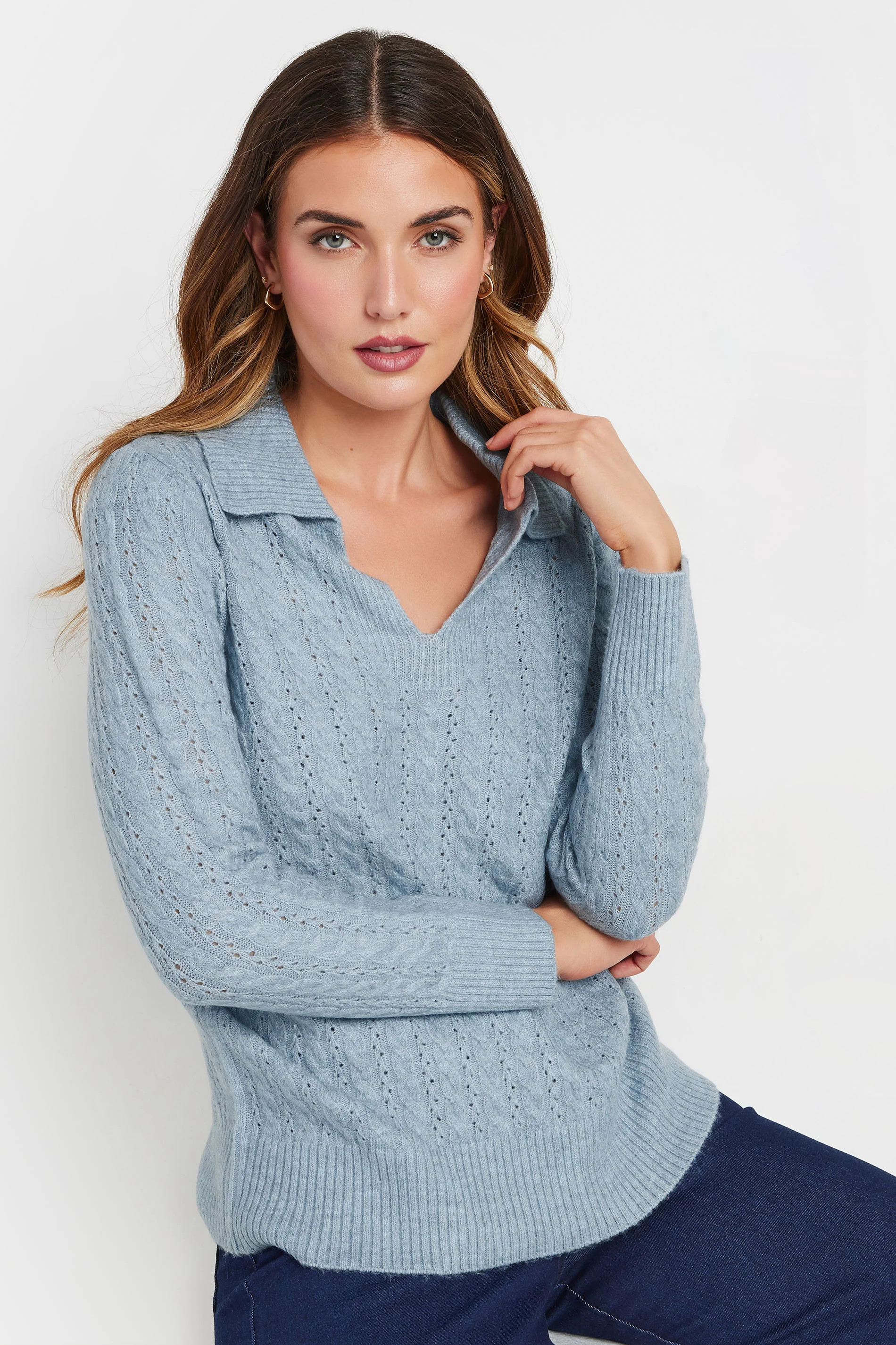 LTS Tall Blue Open Collar Cable Knit Jumper | Long Tall Sally