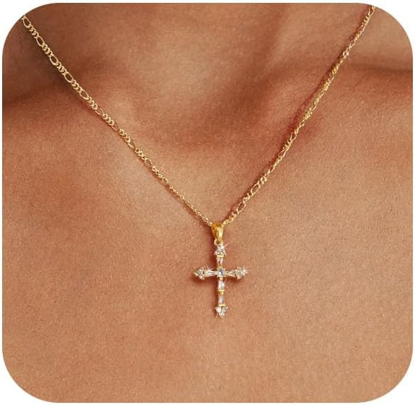 Cross Necklace for Women,Double Cross Necklace 14K Gold Plated Cross Pendant Necklace Dainty Gold... | Amazon (US)