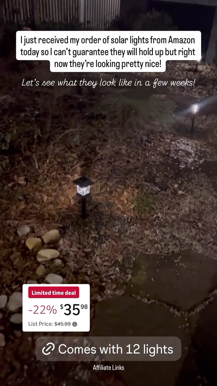 I just received my order of solar lights from Amazon today so I can’t guarantee they will hold up but right now they’re looking pretty nice! Let’s see what they look like in a few weeks!

#LTKSeasonal #LTKHome #LTKSaleAlert