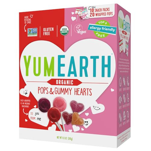 YumEarth Organic Valentines Candy Gummy Fruit Hearts and Lollipops Variety - 30 Count Box - Allergy Friendly (Top 9 Free), No Artificial Dyes, Non GMO, Gluten Free, Vegan Candy Snacks | Amazon (US)