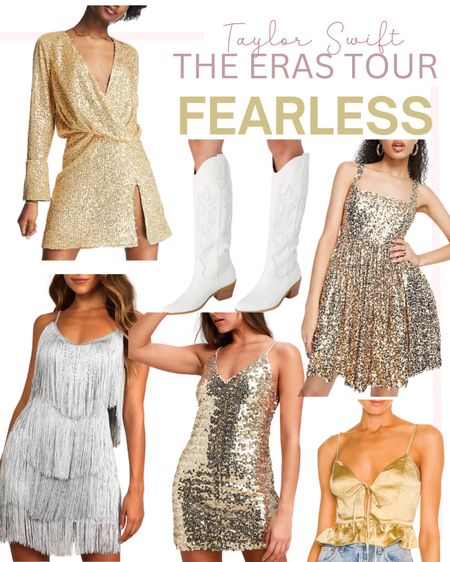 Taylor Swift The Eras Tour concert outfit ideas - Fearless edition ✨⭐️ gold sequin dress and white cowboy boots 

#LTKunder50 #LTKstyletip #LTKFind