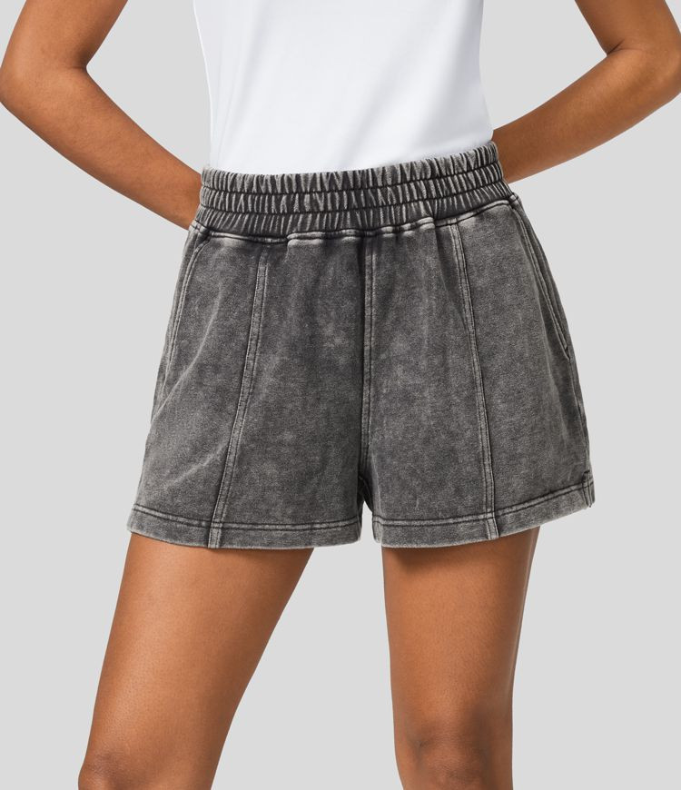 Women’s Mid Rise Side Pocket Split Washed Casual Cotton Shorts - Halara | HALARA