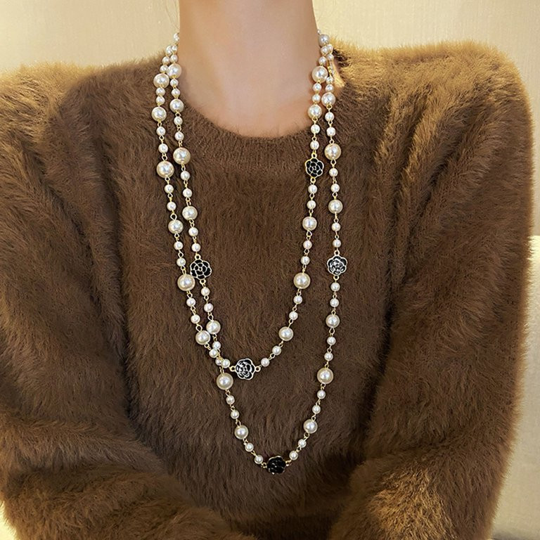 Litie Women Imitation Pearl Neckalce, Camellia Flower Long Layered Charm Sweater Neckalce Jewelry | Walmart (US)