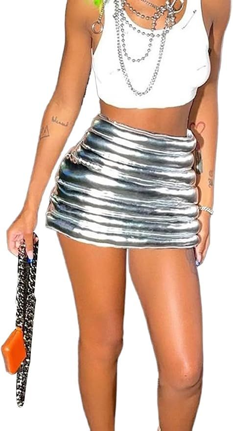 Womens Sexy Silver Metallic Puffer Skirt Bubble Shiny Warm Quilted Y2K Mini Skirts | Amazon (US)