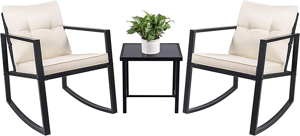 Devoko 3 Piece Rocking Bistro Set Wicker Patio Outdoor Furniture Porch Chairs Conversation Sets w... | Amazon (US)