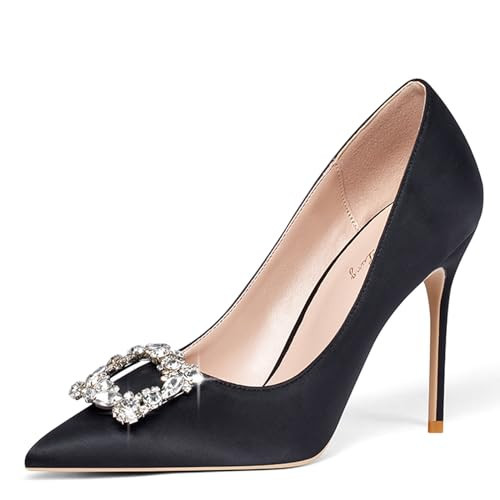 Elisabet Tang Women's Pumps 4 Inch Satin Glitter Rhinestone Heels for Women High Heels Closed Pointed Toe Slip on Party Wedding Shoes Black Satin 9.5 | Amazon (US)