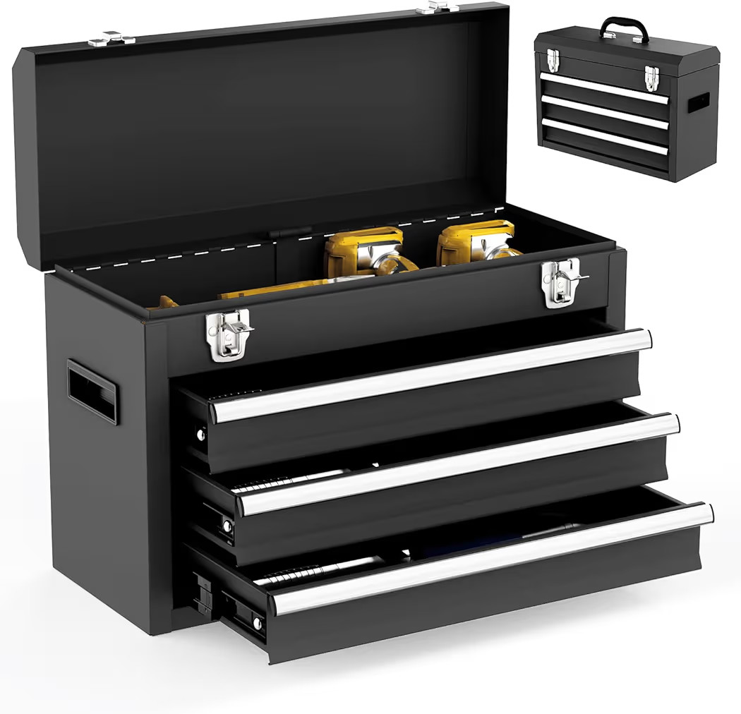 3 Drawer Metal Tool Box, Portable Metal Tool Box with EVC Liners and Latches Closure, Heavy Duty ... | Amazon (US)