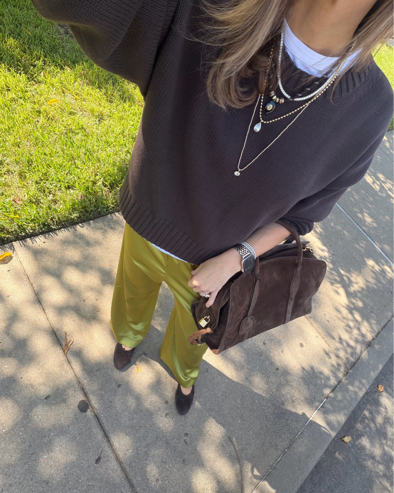 Chocolate brown and chartreuse…. Gap sweater and leset chartreuse pull- on pants ￼