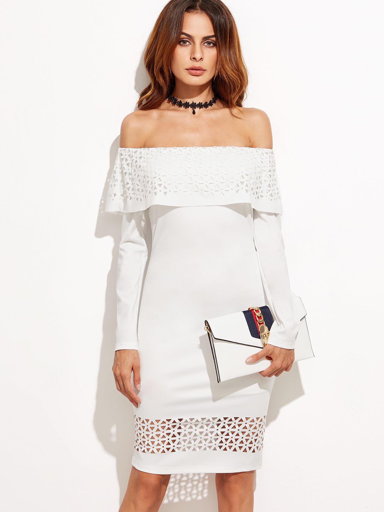 White Laser Cutout Off The Shoulder Ruffle Dress | SHEIN