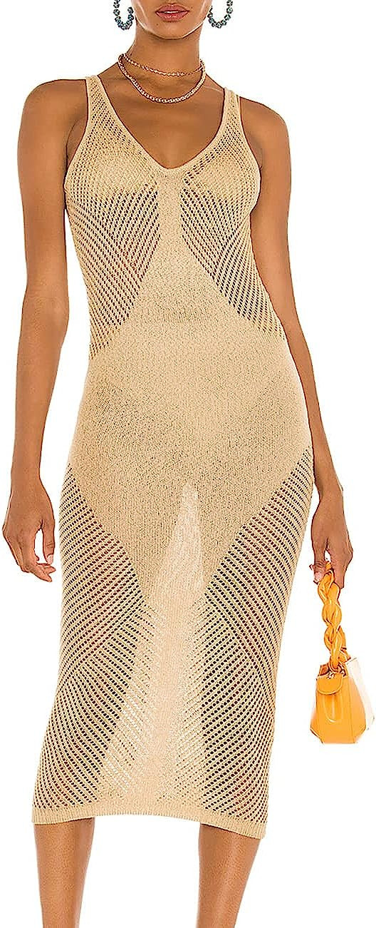 Bsubseach Women Lace Up V Neck Long Sleeve Crochet Swimsuit Cover Up Dress | Amazon (US)