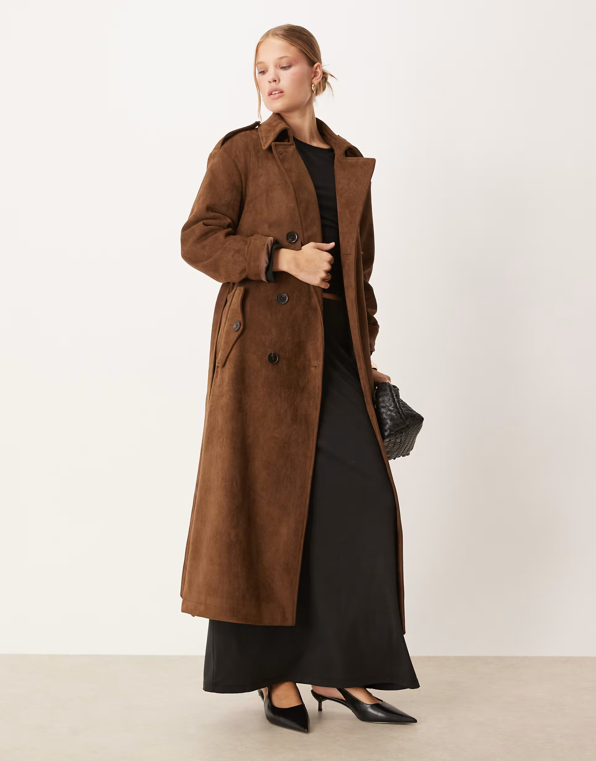 Pretty Lavish longline faux suede maxi trench coat in chocolate | ASOS (Global)