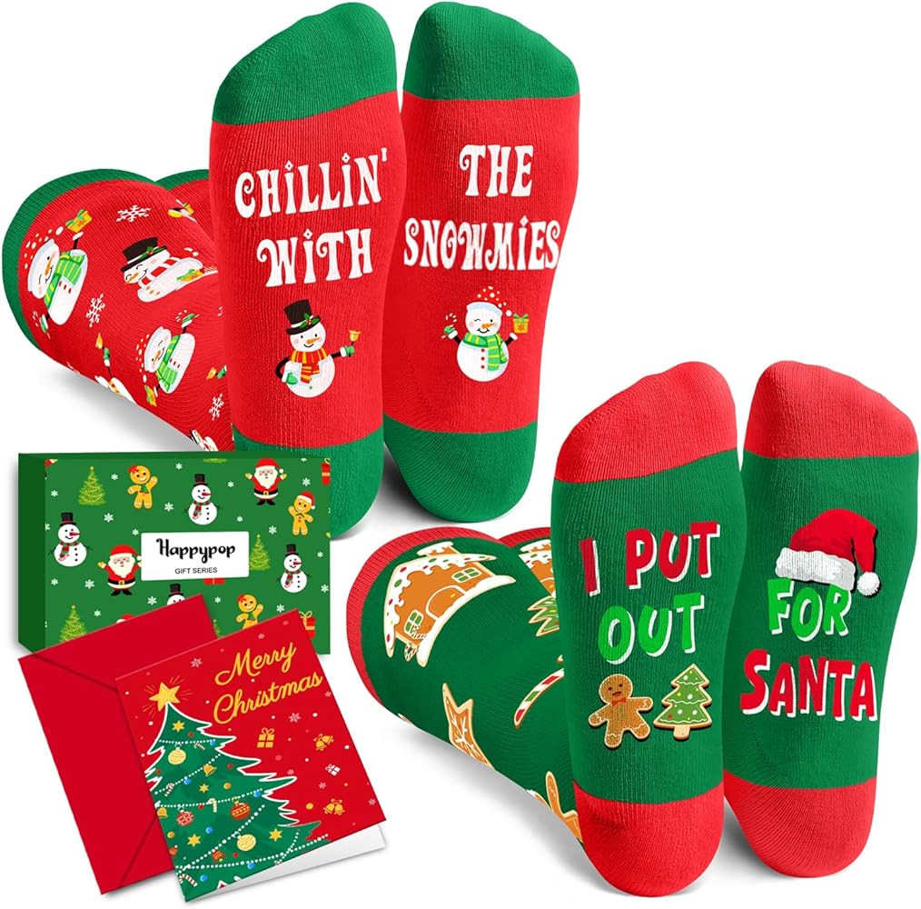 HAPPYPOP Christmas Knee High Socks Women - Elf Santa Xmas Socks Stocking Gifts with Card | Amazon (US)