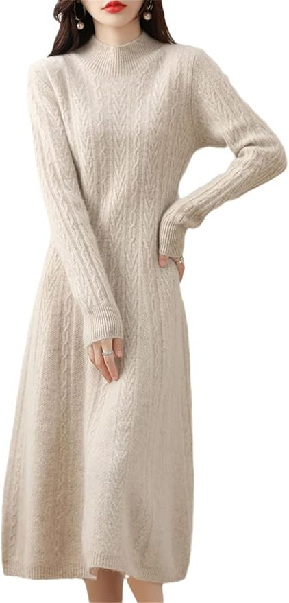Ruereuu Women's Dress Cashmere Sweater Knit Long Dress Merino Wool Turtleneck Office Skirt | Amazon (US)