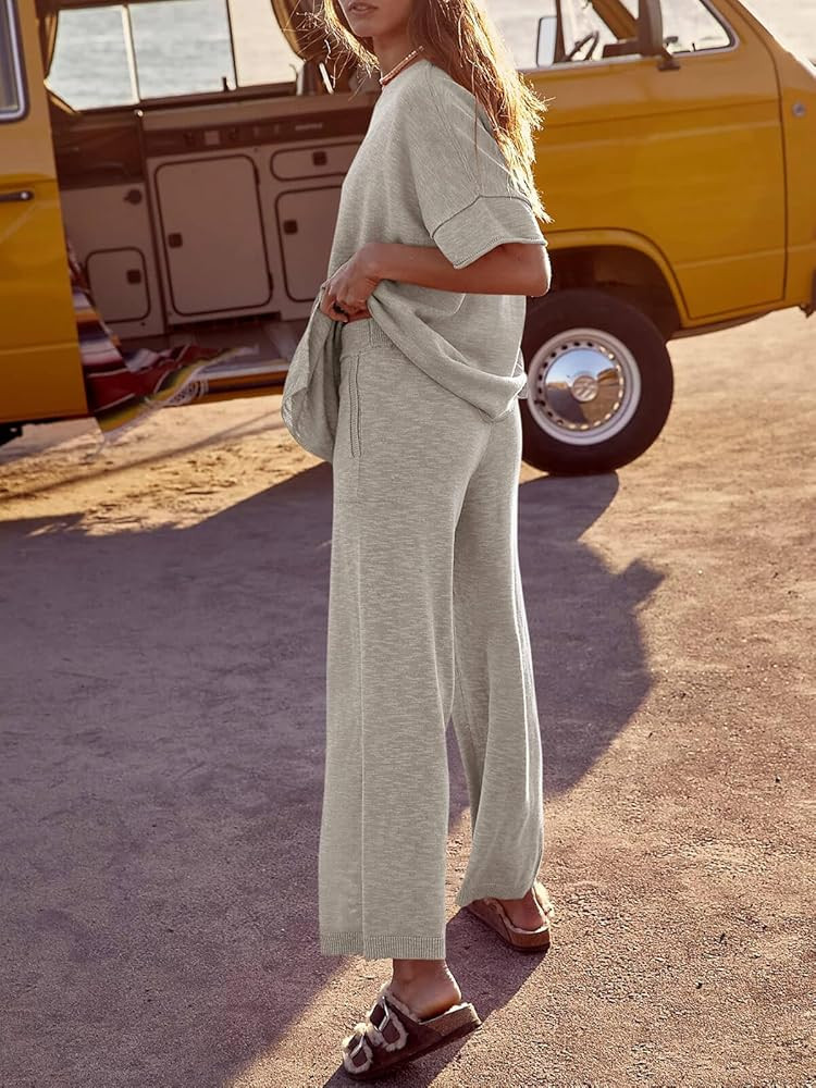 Tankaneo Women's 2 Piece Travel Outfits Casual Short Sleeve Knit Sweater Set Wide Leg Pants Loung... | Amazon (US)