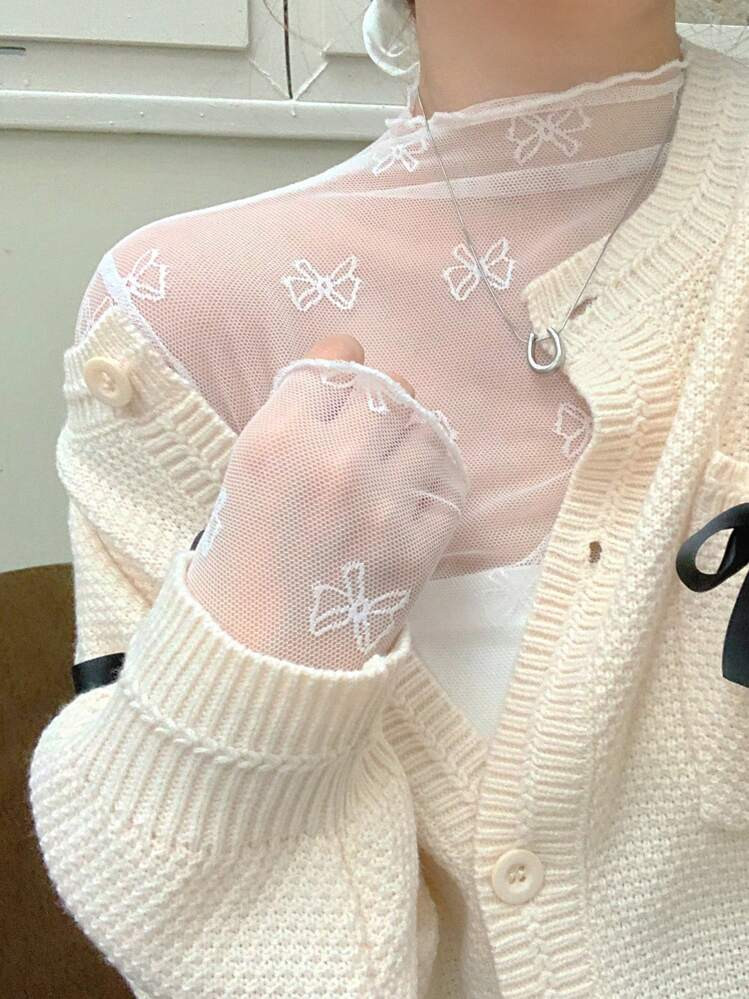 DAZY Women's Solid Color Bowknot Pattern Long Sleeve Mesh T-Shirt Sheer | SHEIN