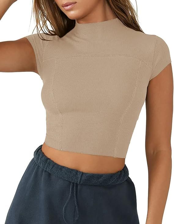 LASLULU Womens Short Sleeve Workout Top Seamless Mock Neck Cropped Athletic Shirts Summer Ribbed ... | Amazon (US)