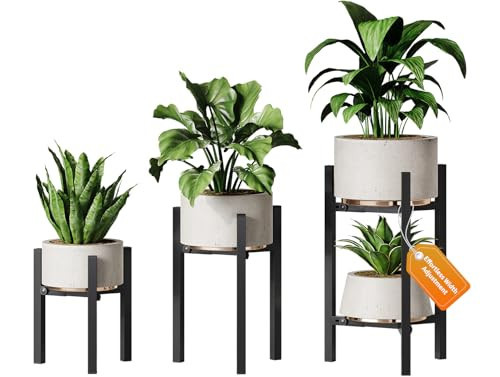 AZADESJET 3 Pack Plant Stand Indoor Adjustable, Metal Modern Indoor Plant Stand, Heavy Duty Single Plant Stands Outdoor Corner, Stable Plant Holder Indoor Stand, Fits 8 to 12 Inches Pots, Black | Amazon (US)