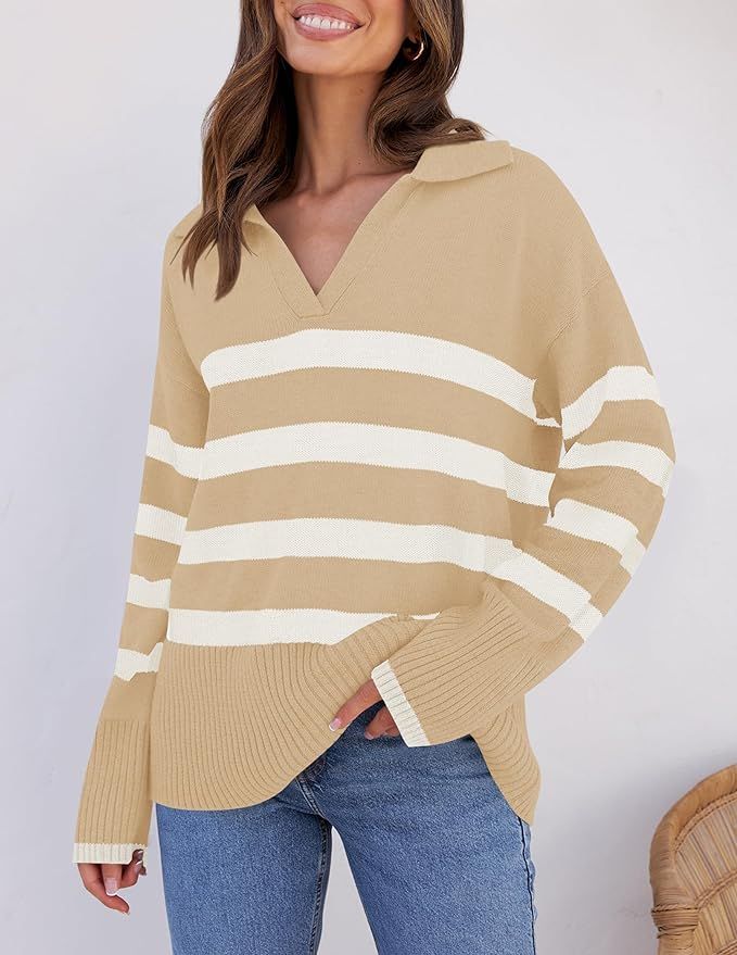 ZESICA Women's 2024 Winter Striped Sweaters Lapel V Neck Long Sleeve Chunky Knit Oversized Pullov... | Amazon (US)