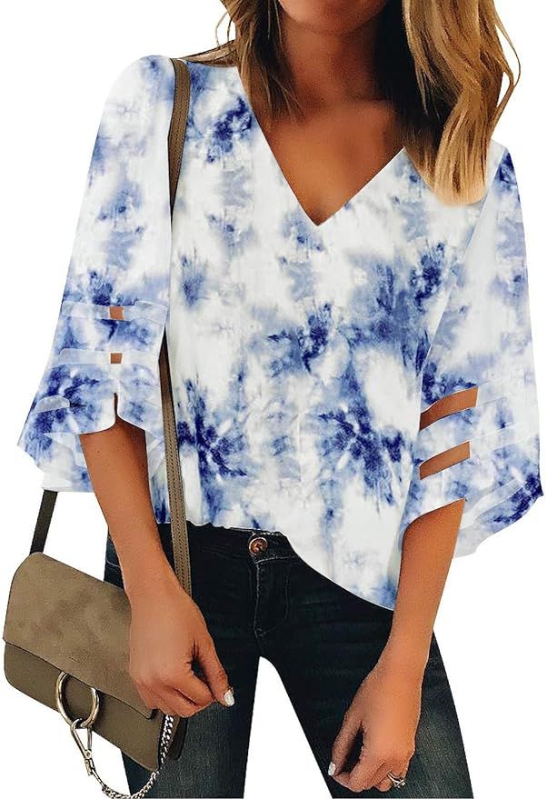 LookbookStore Women's V Neck Shirt Printed Top 3/4 Bell Sleeve Mesh Panel Blouse | Amazon (US)