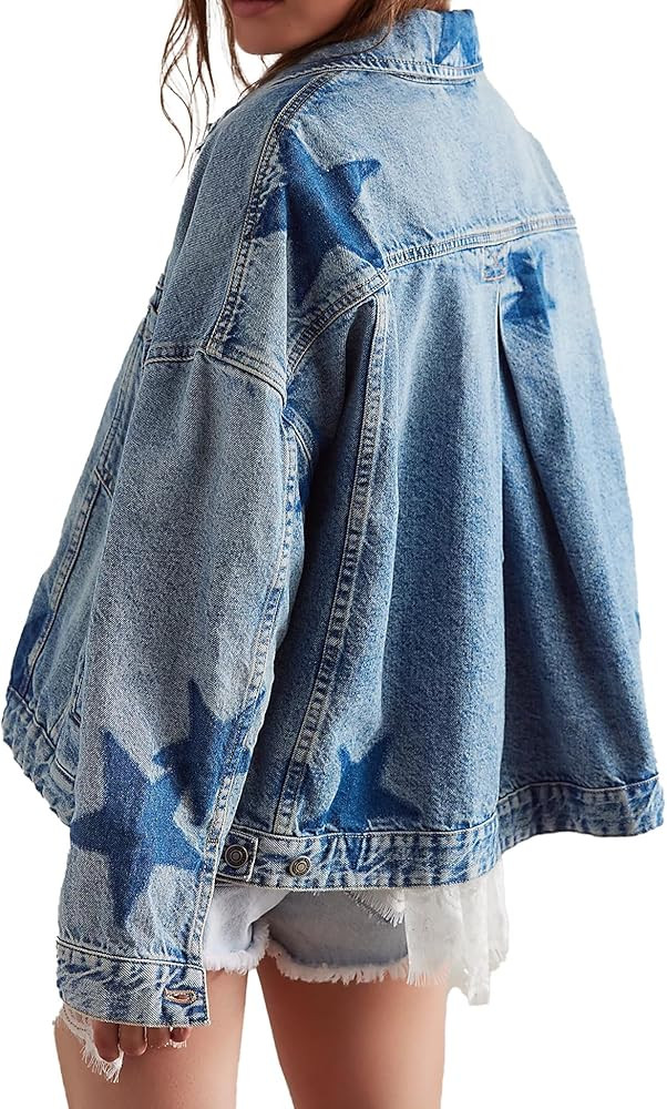 D-Sun Women Casual Denim Jacket Oversized Leopard Stars Printed Boyfriend Vintage Jean Jacket Coa... | Amazon (US)